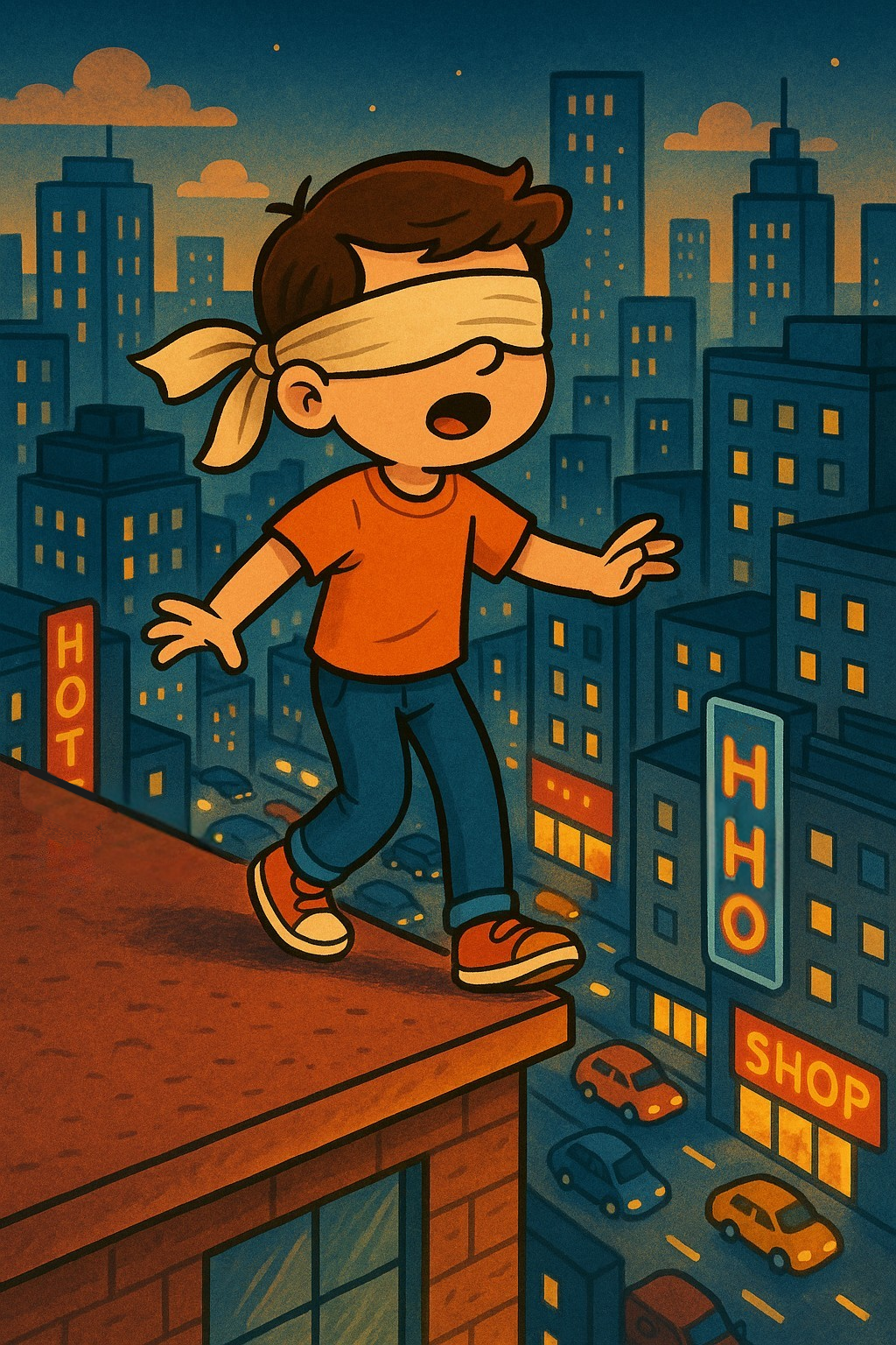 DALLE cartoon-style image of a boy wearing a blindfold and about to walk off the edge of a rooftop in a big city.